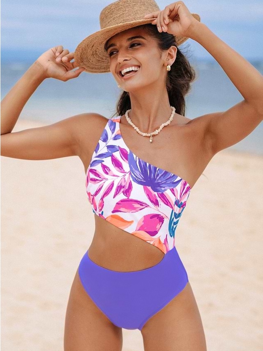 NWT: Cupshe Women’s Tropical Asymmetrical Cutout One Piece Swimsuit Size L - Picture 10 of 11